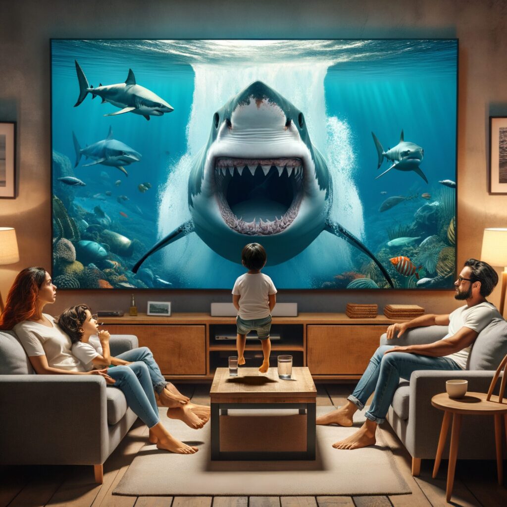 Water,,Sea,,Shark,Jump,Out,From,Television,Into,Family,Watching