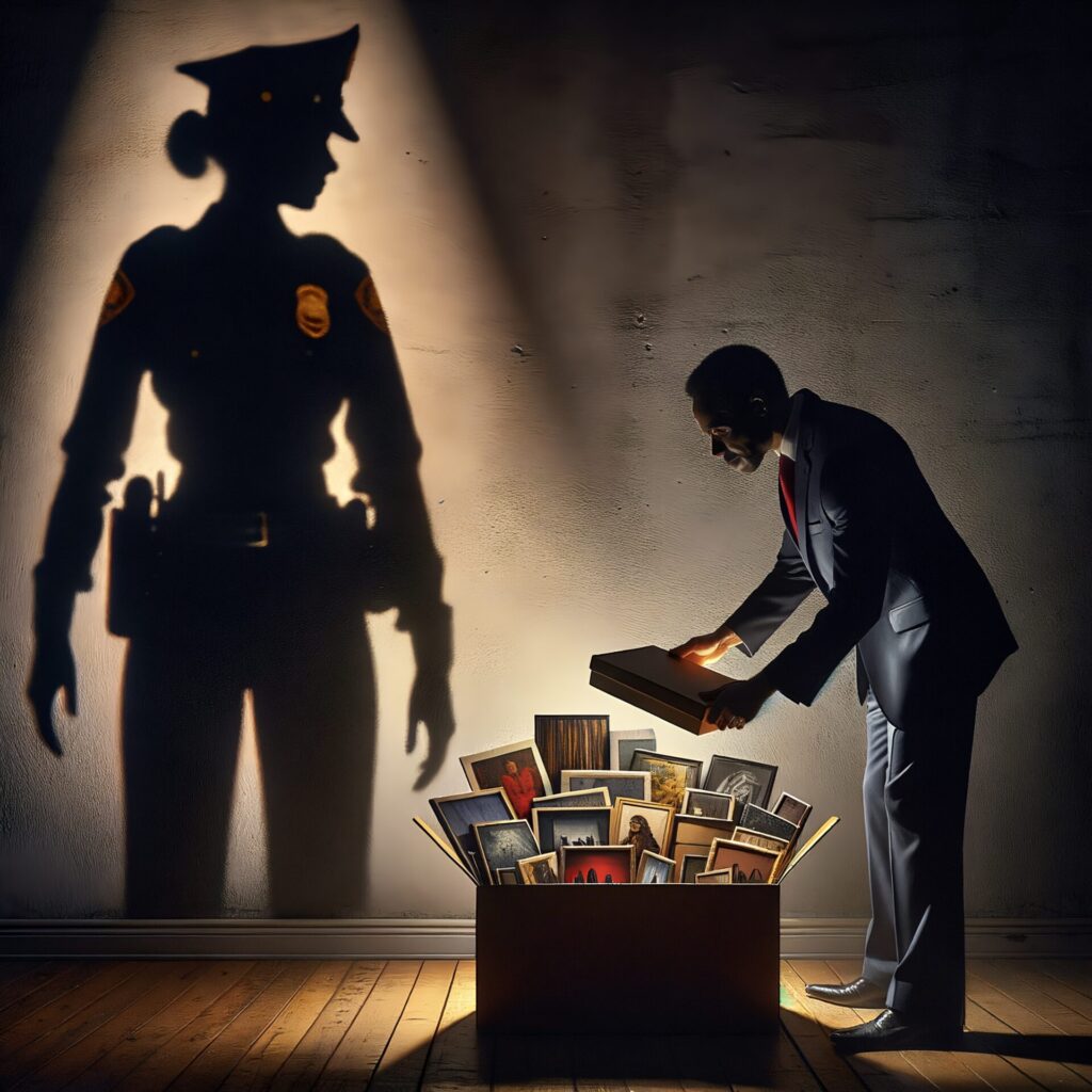 Shadow,Of,Police,Standing,Behind,The,Businessman,Looking,At,Box