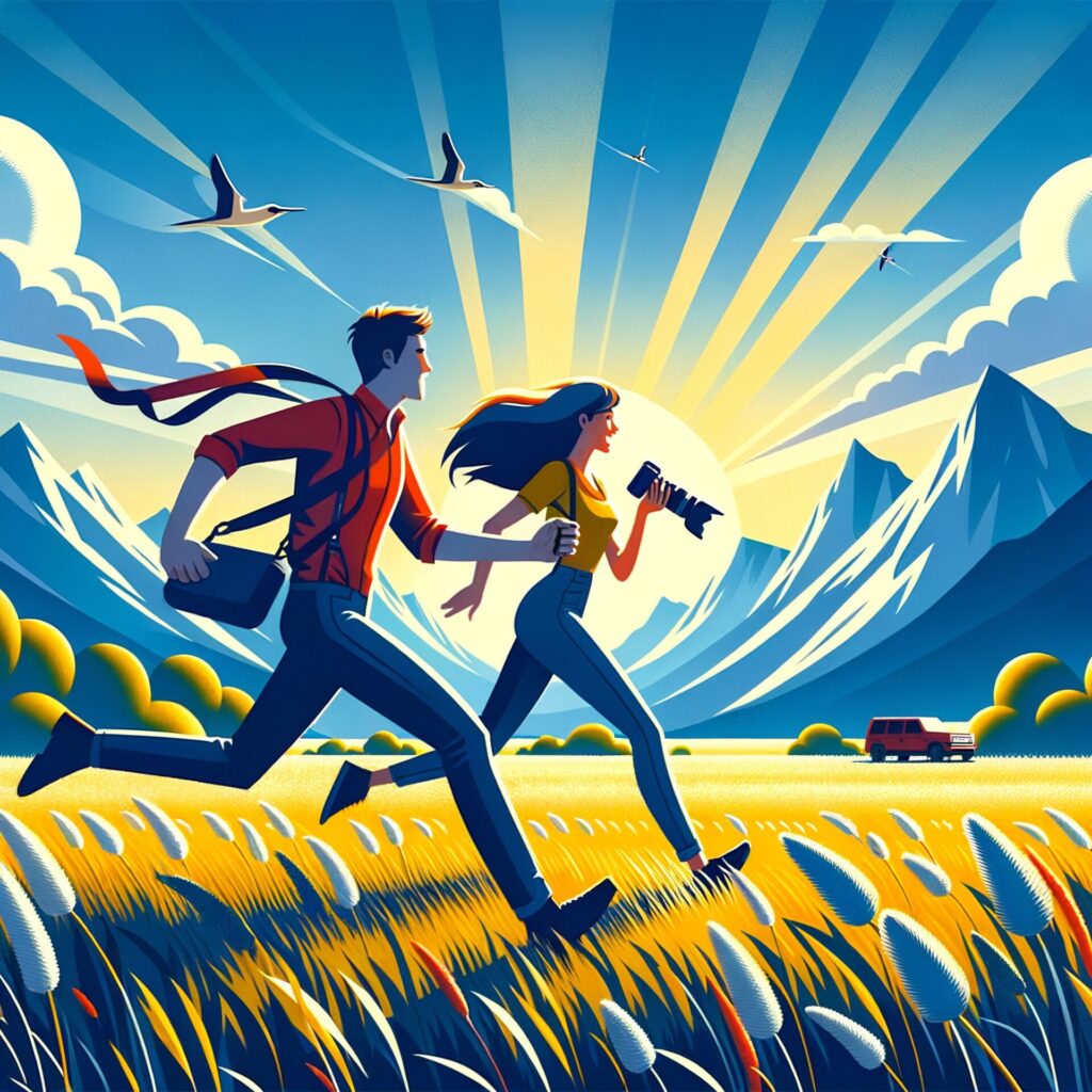 Flat,Design,Vector style,Image,Of,Photographers,Running,In,Field,Under