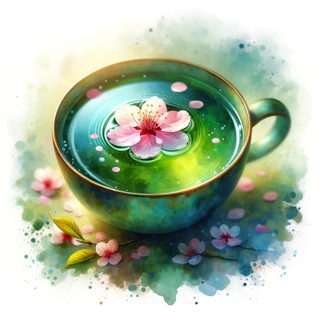 Watercolor,Artistic,Image,Of,Sakura,Petal,Leaf,In,Green,Tea