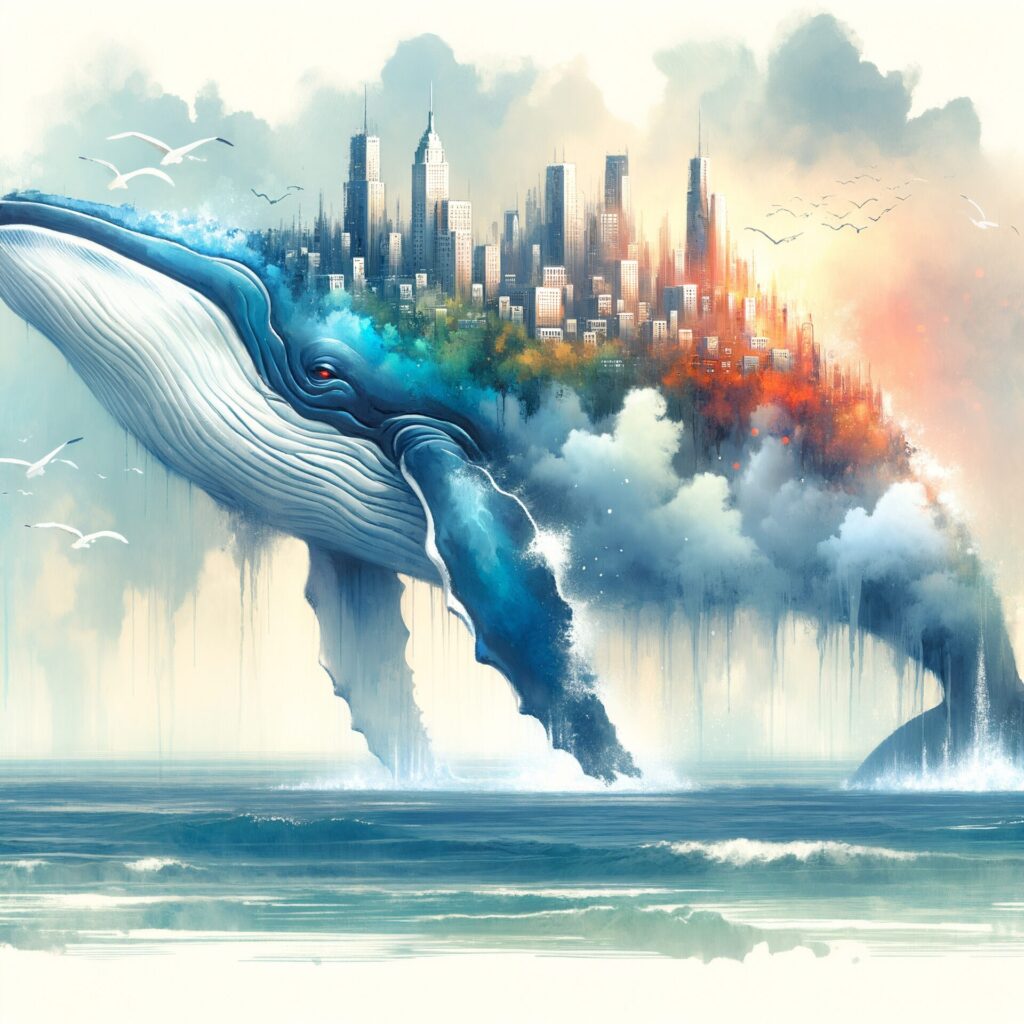 Watercolor,Artistic,Image,Of,Whale,And,City,On,Back