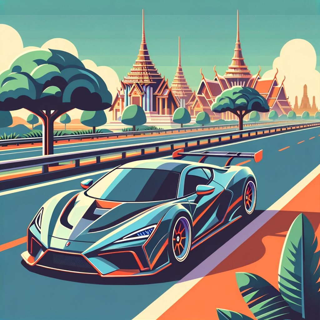 Flat,Design,Vector style,Of,Supercar,On,Traffic,Road,In,Thailand