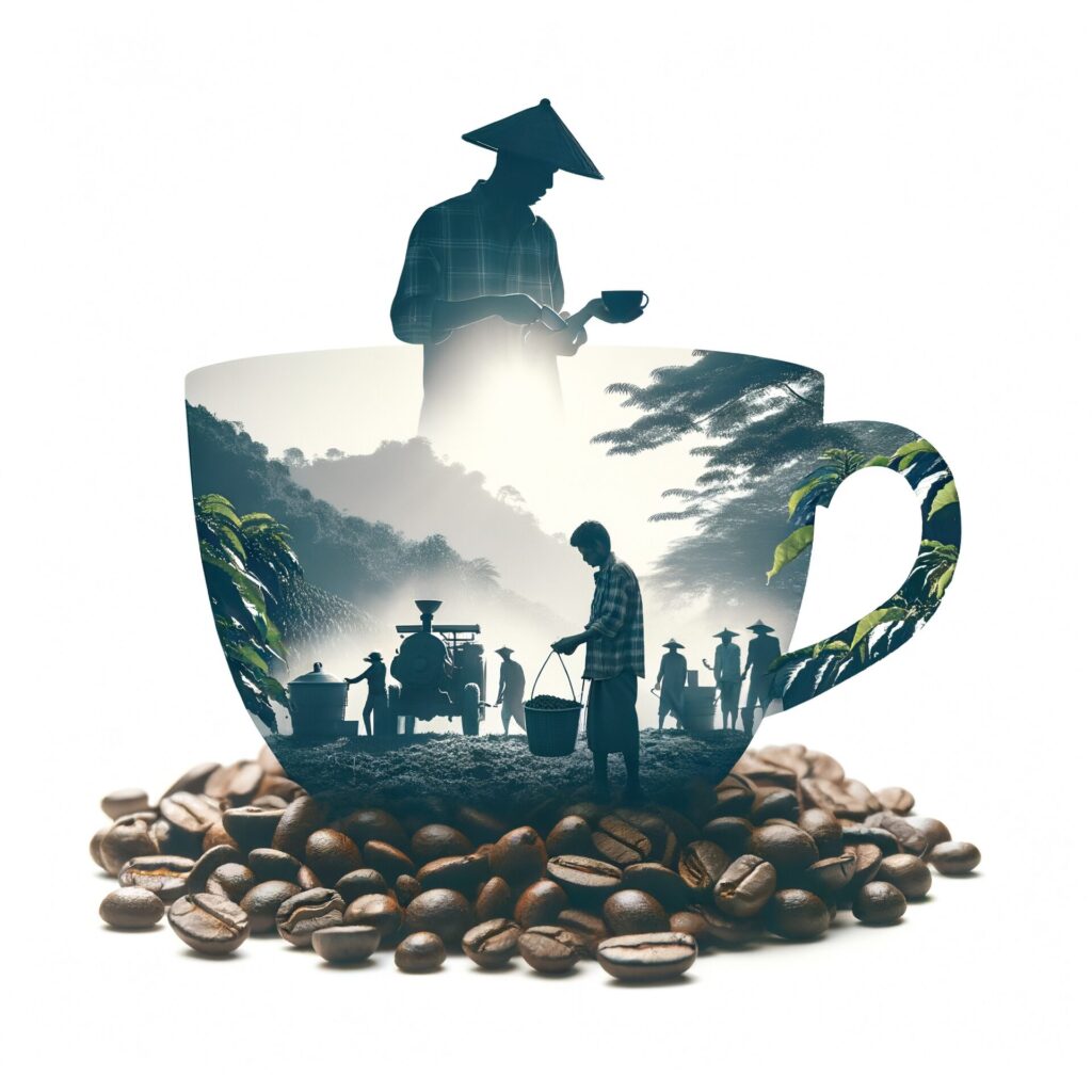 Double expose,A,Silhouette,Of,Coffee,Cup,And,Asian,Coffee,Farmer