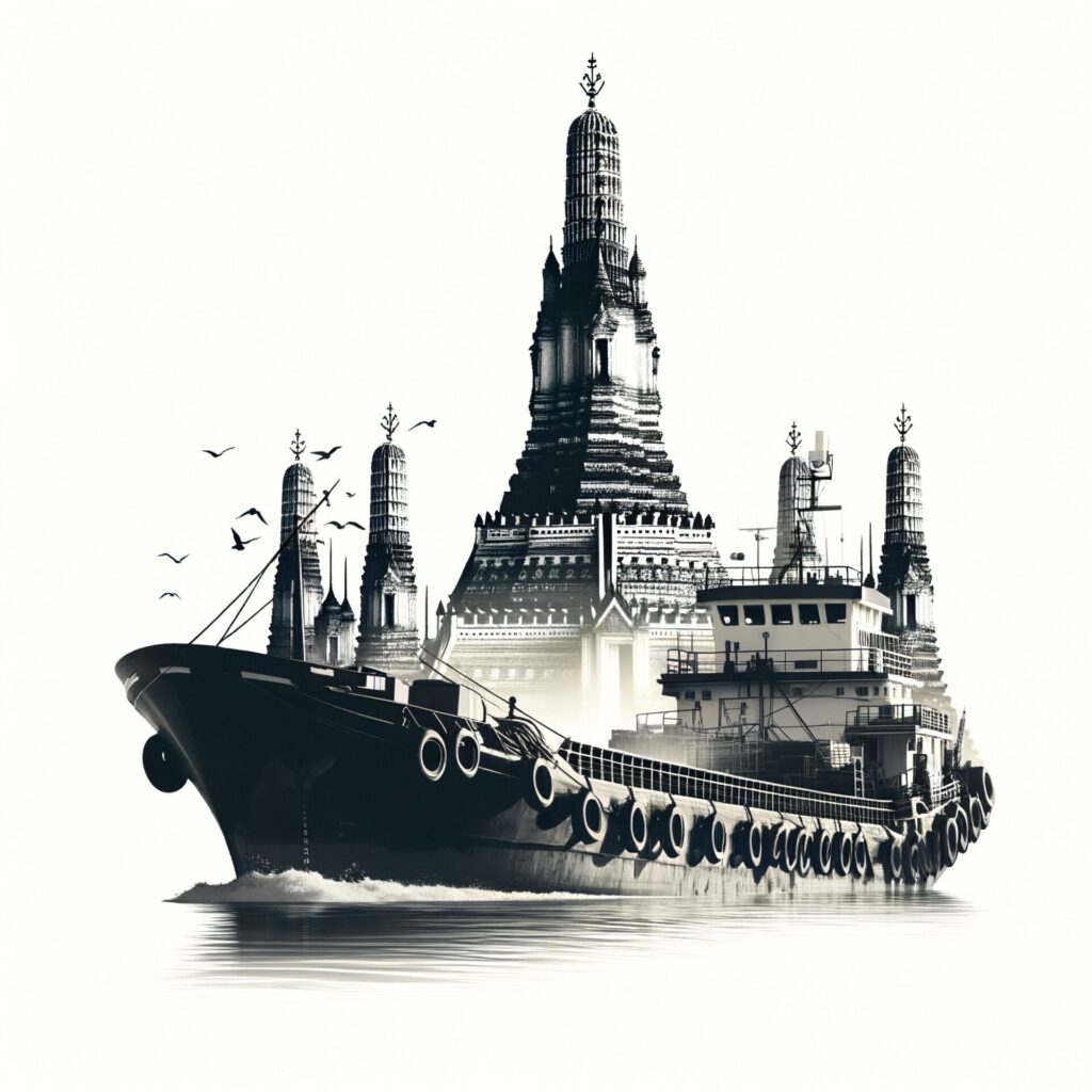 Double expose,A,Silhouette,Of,Cargo,Boat,And,Wat,Arun