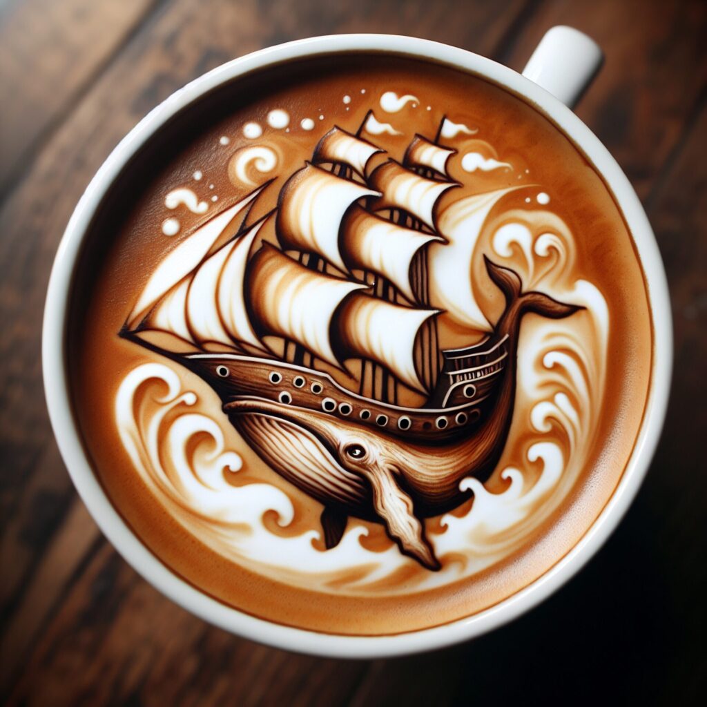 Latte,Art,On,Coffee,Turn,Into,Boat,And,Whale.