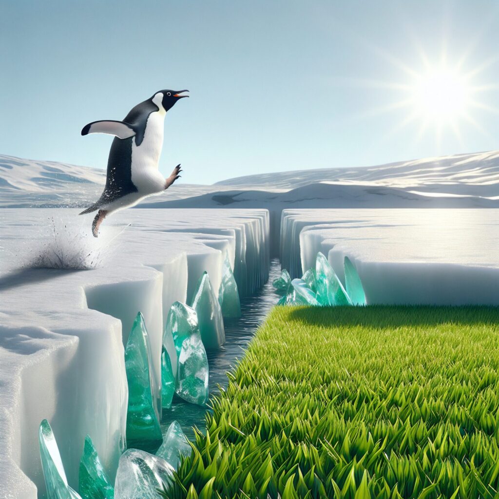 Penguin,Jumping,From,Ice,Burg,Into,Green,Field.