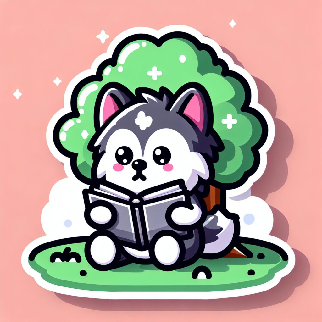 Cute,Sticker,Vector style,Image,Of,Husky,Reading,Book,Under,Tree