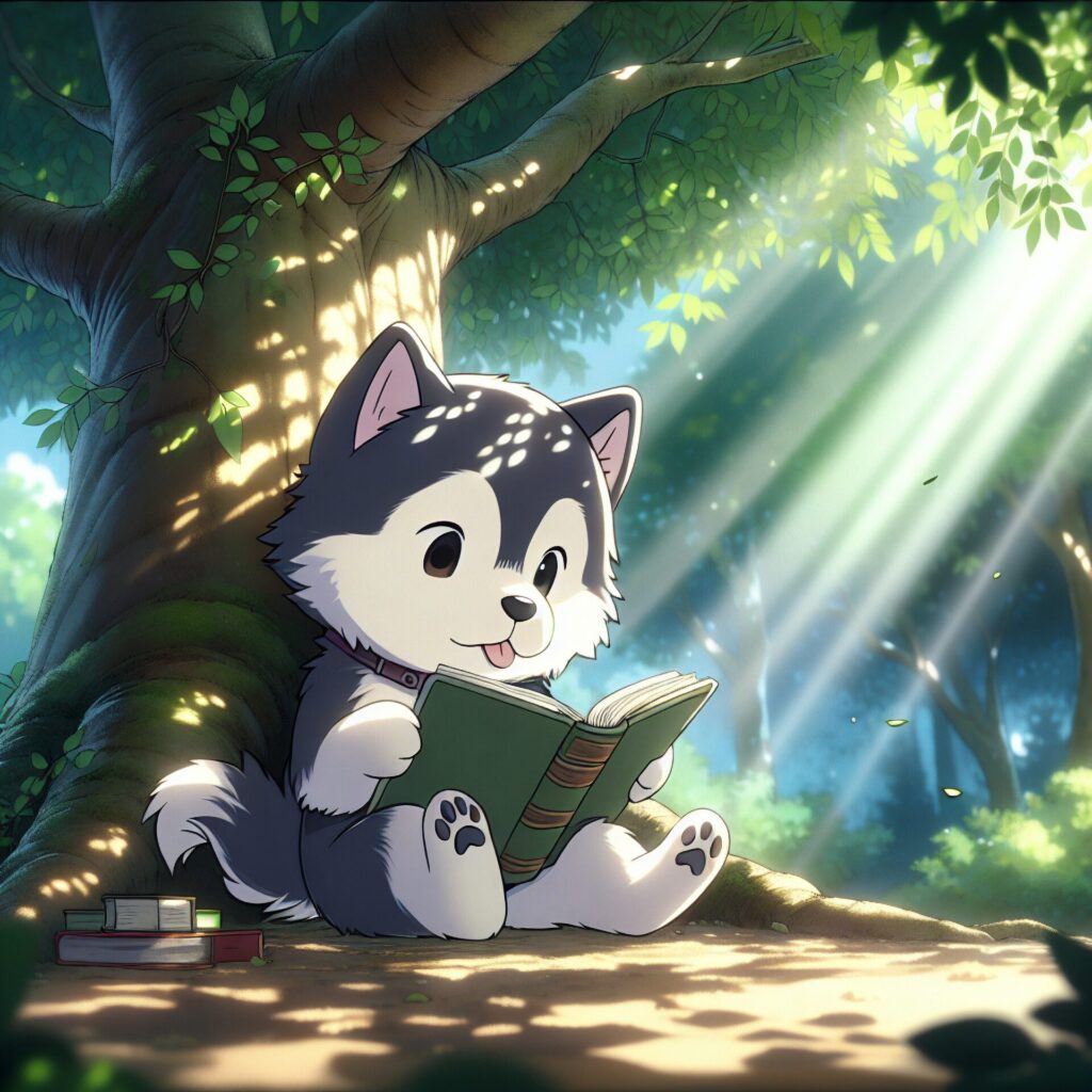 Anime,Artistic,Image,Of,Husky,Reading,Book,Under,Tree