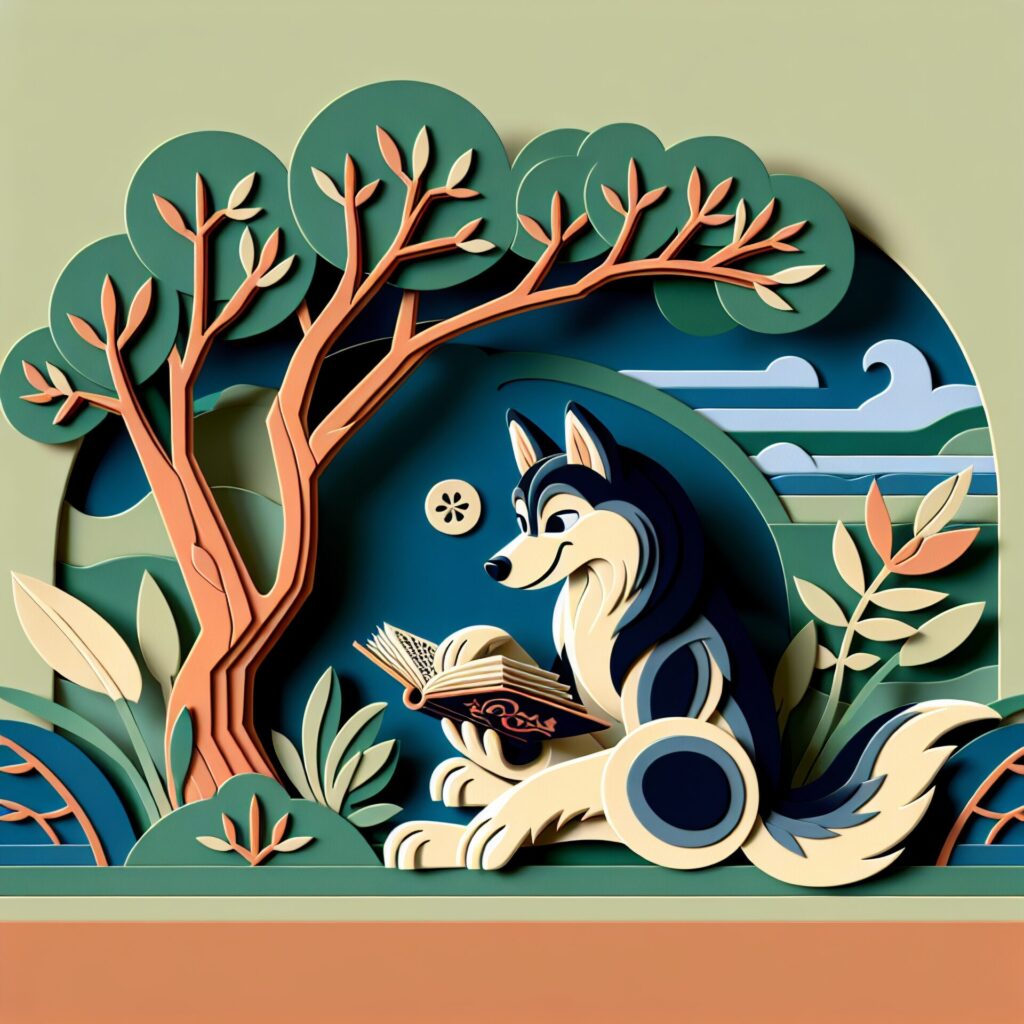 Papercraft,Vector style,Image,Of,Husky,Reading,Book,Under,Tree