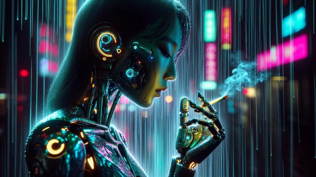 Neon,Lit,Street,With,Close,Up,Cyborg,Woman,Smoke,Cigarette