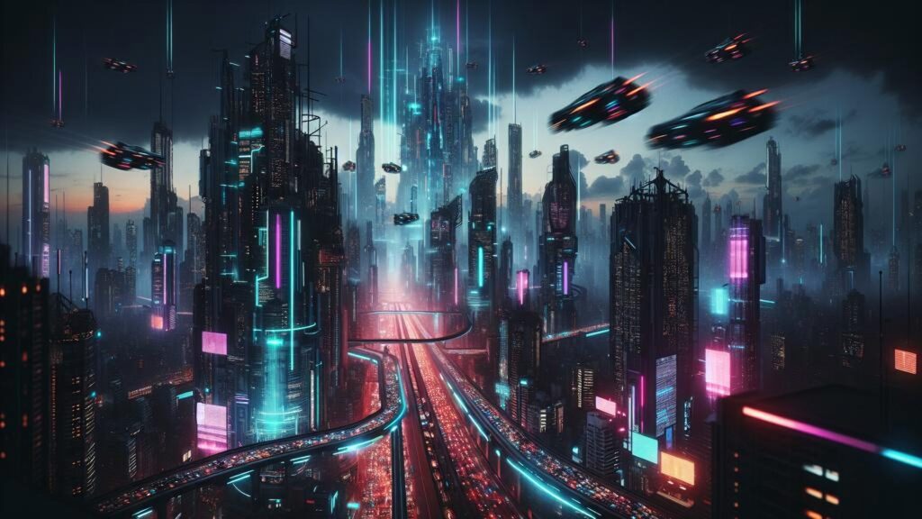 Hovering,Cars,In,A,Dystopian,Cityscape,In,Cyberpunk,Style