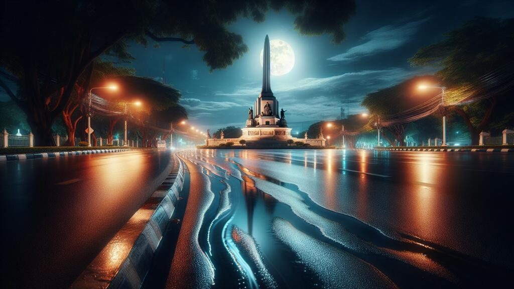 Night,Street,Of,Victory,Monument,In,Thailand.,Empty,Human.,Cinematic