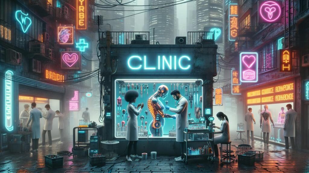 Cybernetic,Limbs,And,High tech,Gadgets,In,Doctor,Clinic,Dystopian,Cityscape