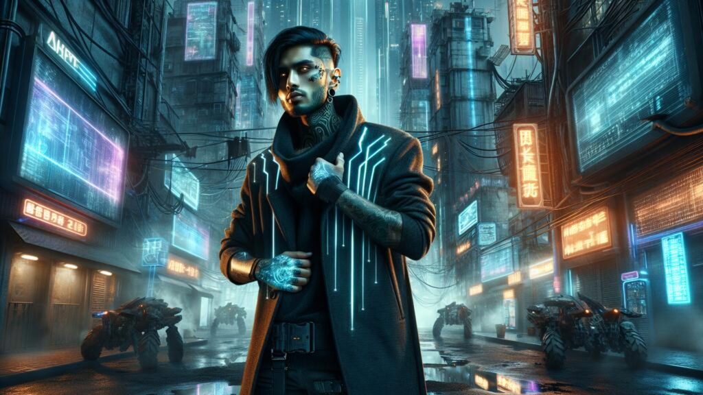 Hacker,With,Glowing,Tattoos,In,Dystopian,Cityscape,In,Cyberpunk,Style