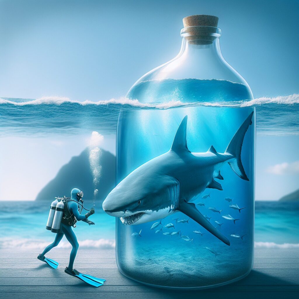 Shark,And,Diver,Swimming,Inside,Large,Bottle.