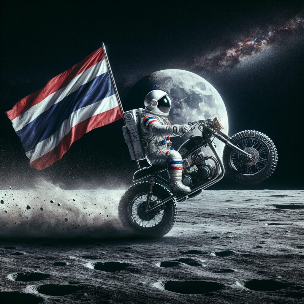 Astronaut,Riding,Big,Bike,On,The,Moon,With,Thai,Flag.