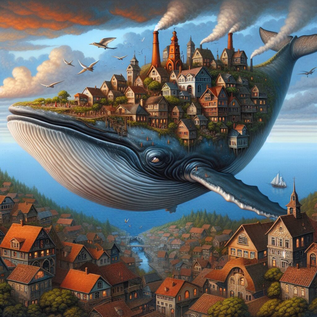 Flying,Whale,With,Human,Colony,Living,Inside.