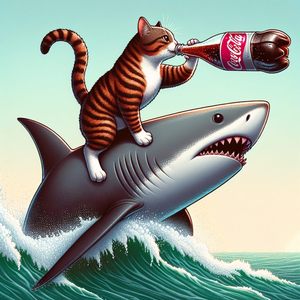 Cat,Surfing,Shark,While,Drinking,Coca,Cola,Bottle.