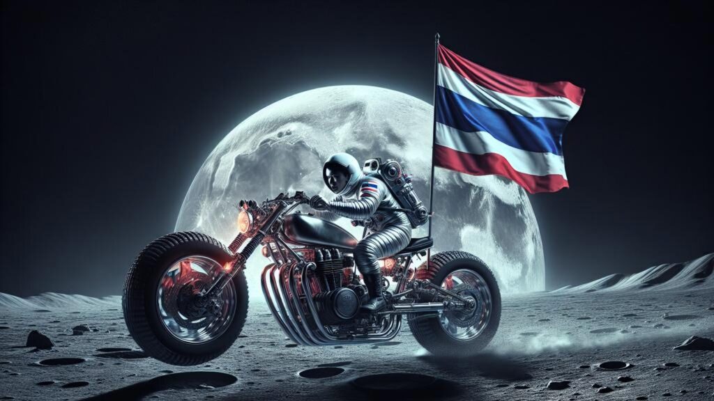 Astronaut,Riding,Big,Bike,On,The,Moon,With,Thai,Flag.