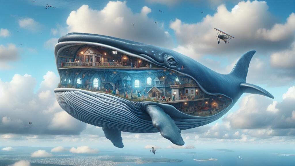 Flying,Whale,With,Human,Colony,Living,Inside.