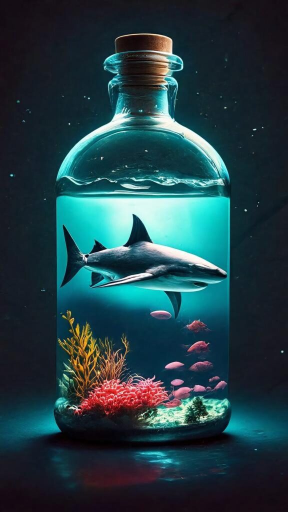 Shark,And,Diver,Swimming,Inside,Large,Bottle.