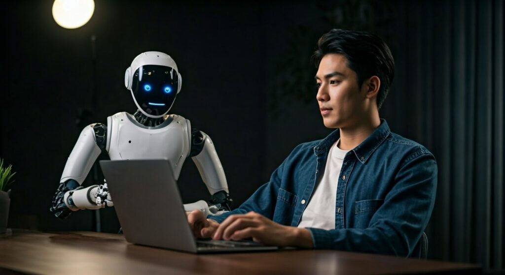 Asian,Thai,Man,Working,In,Production,Studio,With,Ai,Robot,