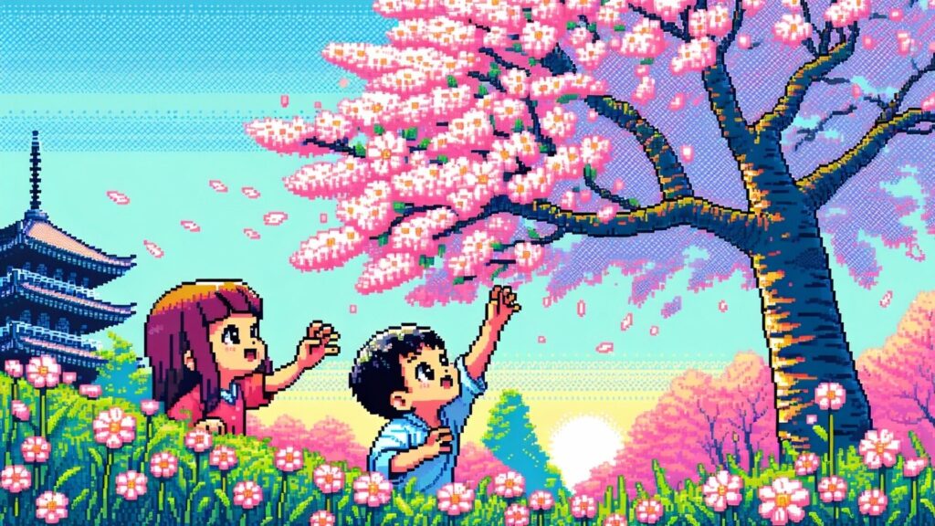 Pixel,Art,Vector style,Image,Of,Asian,Kids,Reaching,Sakura,On