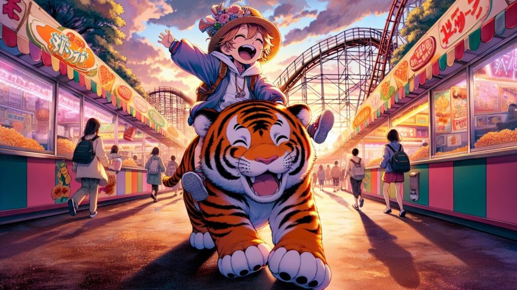 Anime,Artistic,Image,Of,Kid,Riding,Tiger,Mascot,Walking,In