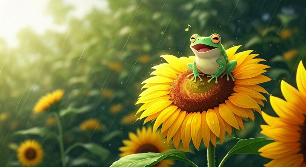 Anime,Artistic,Image,Of,Frog,Singing,On,Top,Of,Sunflower,