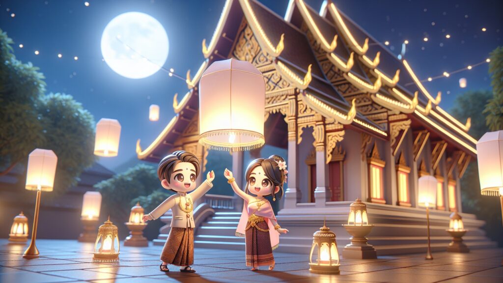 Cute,Character,3d,Image,Of,Thai,Couple,Release,Lantern,To