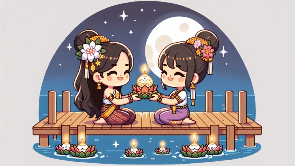 Cute,Sticker,Vector style,Image,Of,Couple,Loykrathong,In,Full,Moon