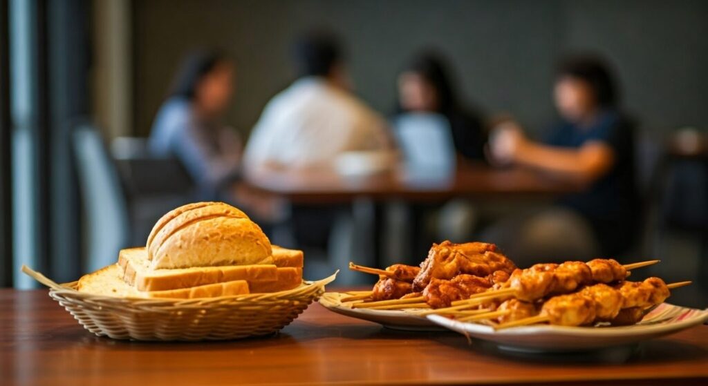 Thai,Breakfast,,Bread,,Chicken,,Skewers,On,Table,With,Many,Office