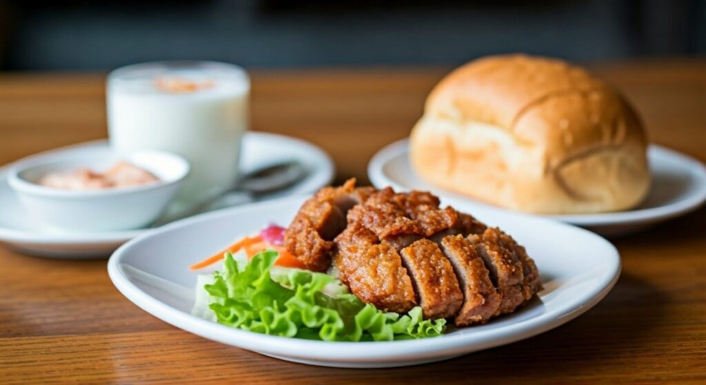 Thai,Breakfast,,Yoghurt,,Deep,Fried,Pork,Sliced,,Bread,,Salad,Roll.