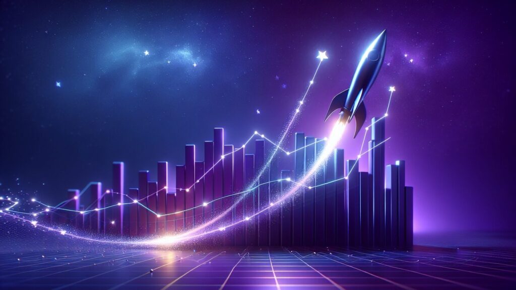 Marketing,Growth,Chart,3d,,With,Rocket,Sky,High,,Purple,Blue