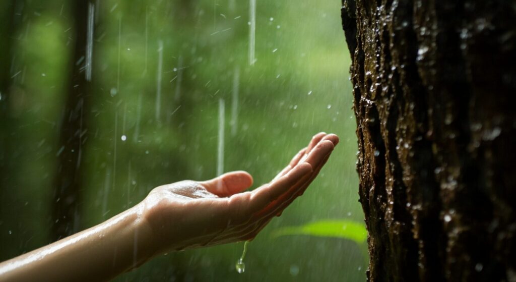 Hand,Touching,Wood,In,Forest,,Raining.