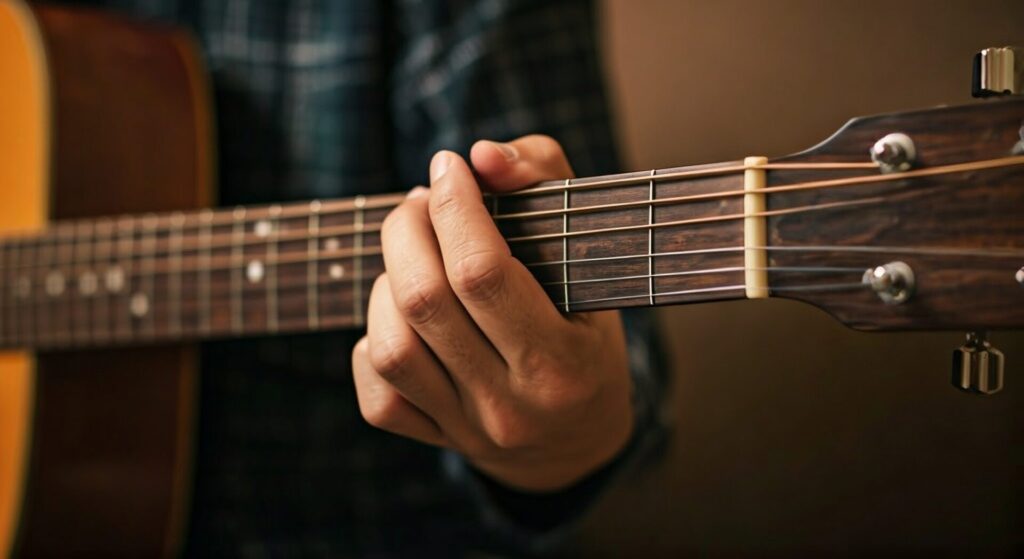 Asian,Hand,Playing,Acoustic,Guitar,Chord,F