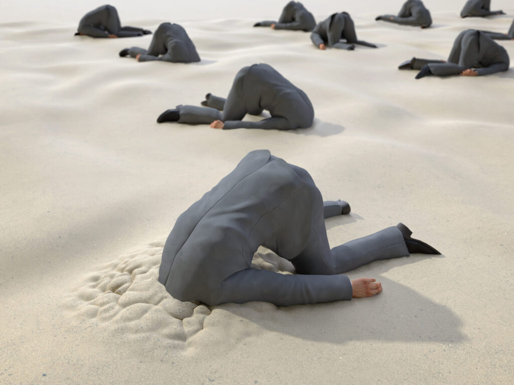 Roup,Of,Businessmen,Hides,Their,Heads,In,The,Sand,,3d