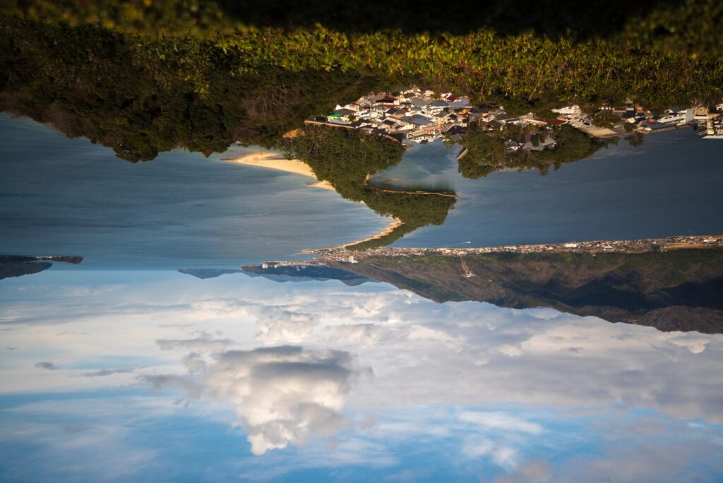 Amanohashidate,Daytime,Reversed,Shot,With,Blue,Sky,And,Cloud,Upside