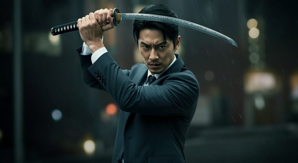 Cinematic, ,Asian,Man,In,Suit,Holding,Samurai,Sword.