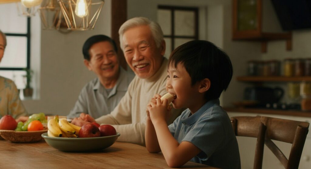 Cinematic, ,Side,View,Of,Asian,Kid,Eating,Banana,With