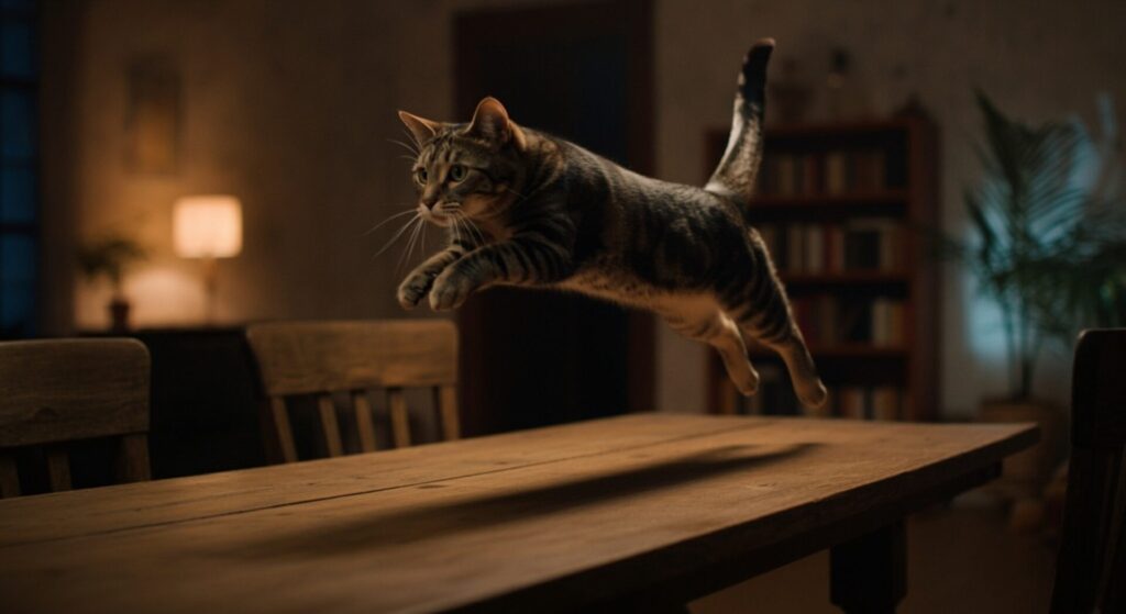 Cinematic, ,Cat,Jumping,Over,Table