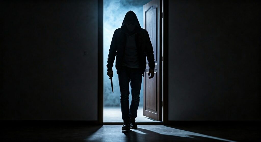 Cinematic, ,Cool,Light,,Criminal,With,Knife,Walking,Open,Door.