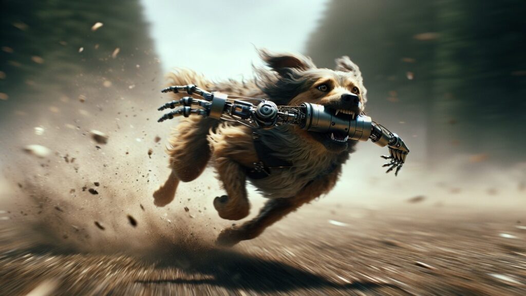 Cinematic, ,Dog,Running,With,Blur,Motion,,Robot,Arm,In