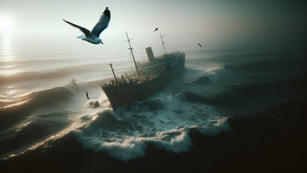 Cinematic, ,Top,View,,Seagull,Flying,Above,Sunk,Ship