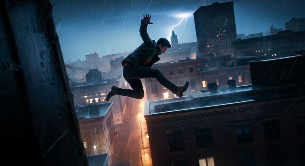 Outdoor,Photo,Of,Urban,Rooftop,Chase,At,Dusk,,The,Hero