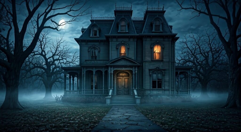 Outdoor,Photo,Of,A,Haunted,Victorian,Mansion,At,Night,,Thick