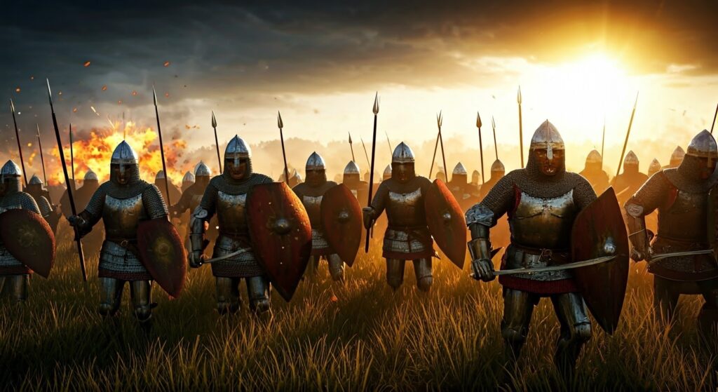 Outdoor,Photo,Of,A,Battlefield,At,Dawn,,Soldiers,In,Medieval