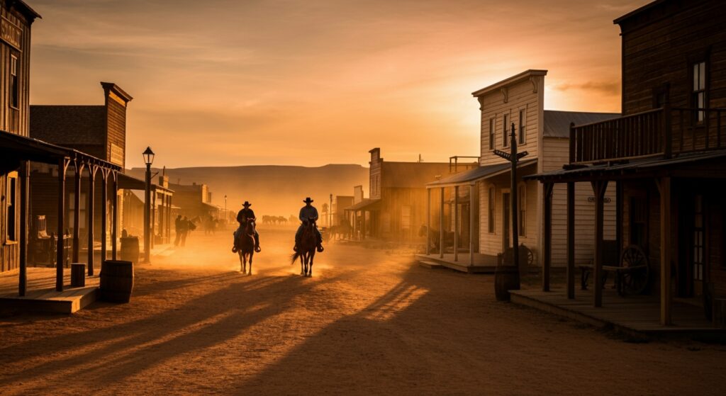 A,Dusty,Frontier,Town,At,Sunset,,Cowboys,Riding,Horses,Down