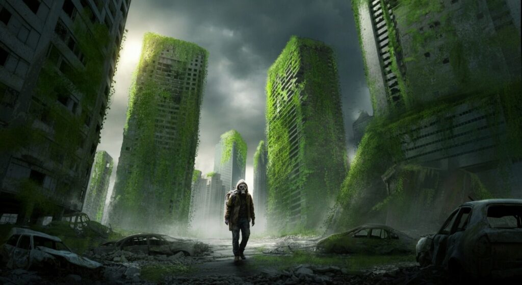 A,Desolate,City,In,Ruins,,Abandoned,Skyscrapers,Covered,In,Vines,