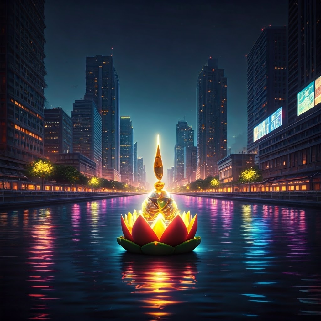 Futuristic,Thai,Krathong,Floating,In,Neon lit,River,,Cyberpunk,Bangkok,Skyline,